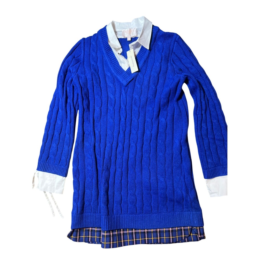 NWT Francesca's Audrey Parks Sweater Dress Shirt Combo Blue Cable Knit Medium‎